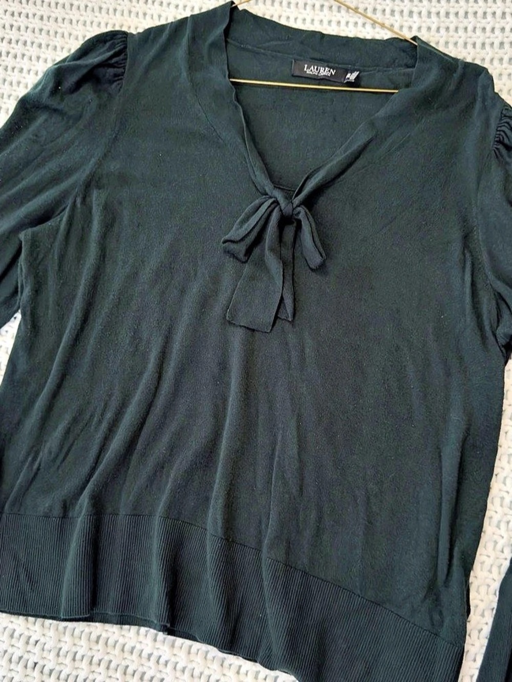 Lauren Ralph Lauren Sweater Green V-Neck Bow Tie Puff Sleeve Knit Pullover 2X